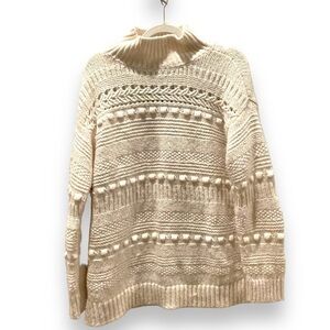 ✨Lou & Grey Cream Boucle Textured Stripe Cozy Mock neck Sweater Pom Pom | Small